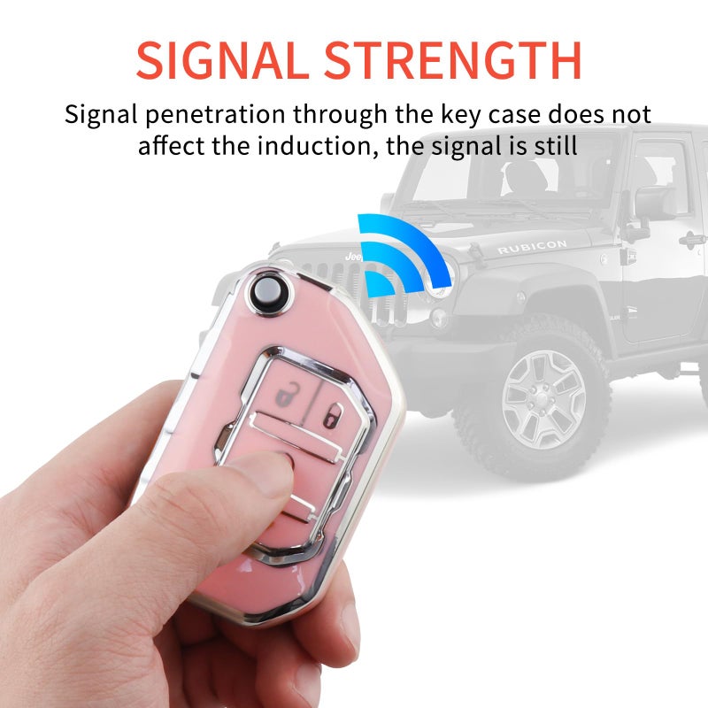 Pangpai Pink Key Fob Cover for Jeep, Soft TPU Key Case Protection with Bling Keychain Fit for 2018-2022 Jeep Gladiator Wrangler Sahara Rubicon - Image 5
